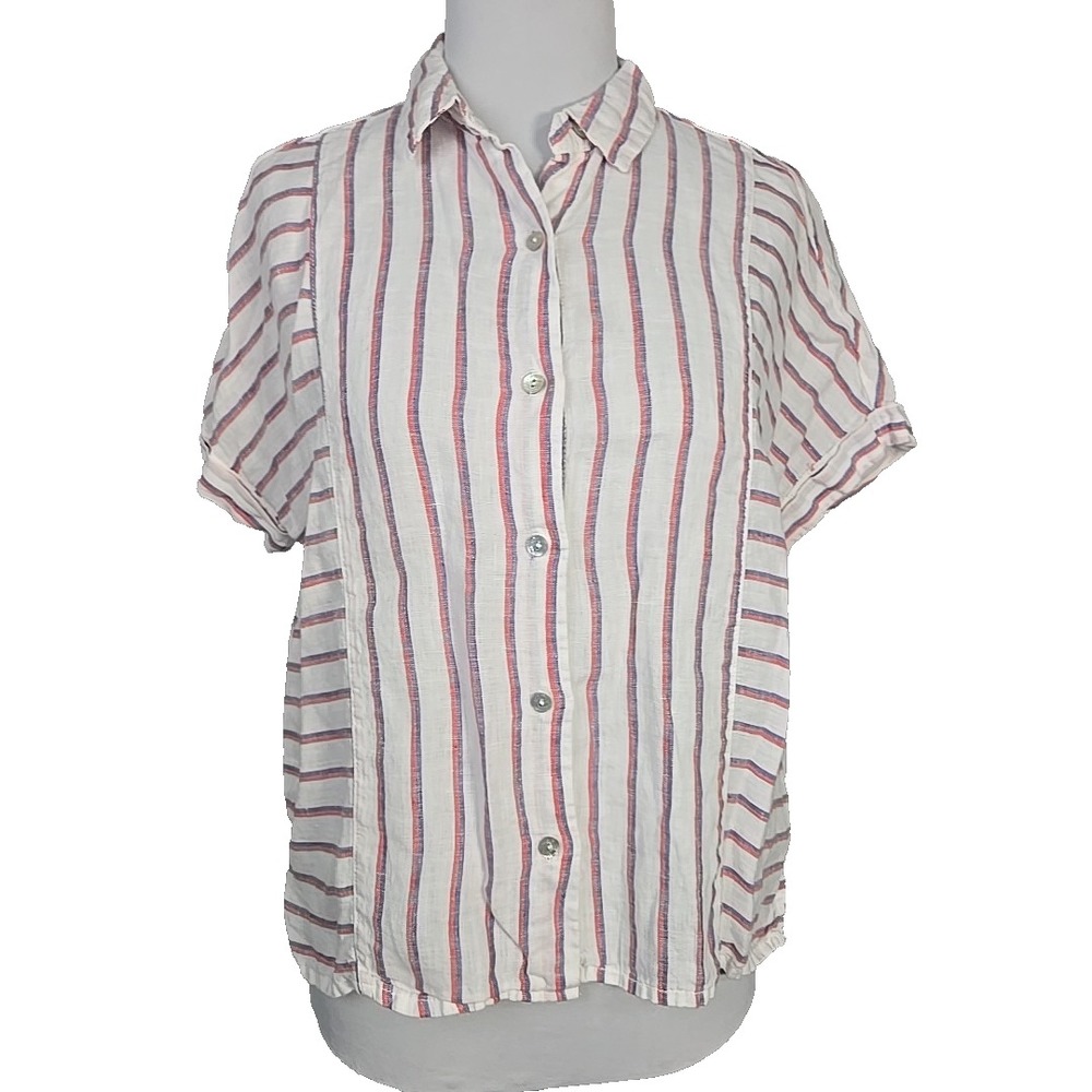 Christian Siriano New York Striped Button Front 100% Linen Top Small S
